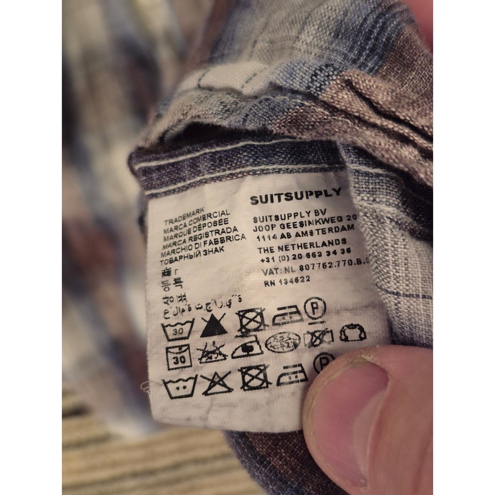 Suitsupply Brown Blue Plaid Dress Shirt Cotonificio Albini Linen Mens 15.5 - Picture 8 of 10